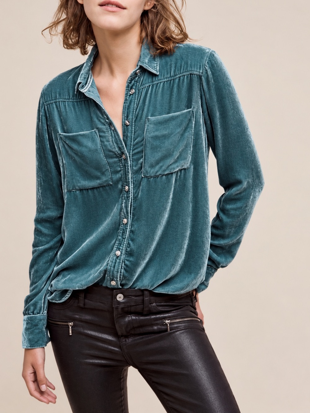 Anthropologie Holding Horses Teal Velvet Button Down Top Western Boho Size M
